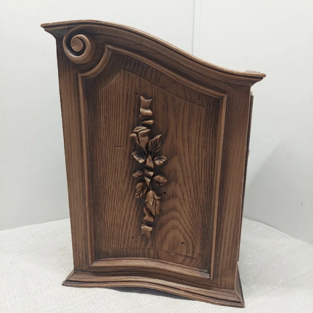 Vintage Faux Wood Wastebasket Ornate Floral Rose Trash Can 12